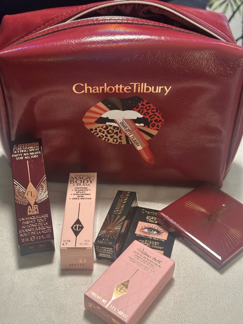 New Charlotte Tilbury Red Gloss Cosmetic Pouch with Lip & Leopard Motif